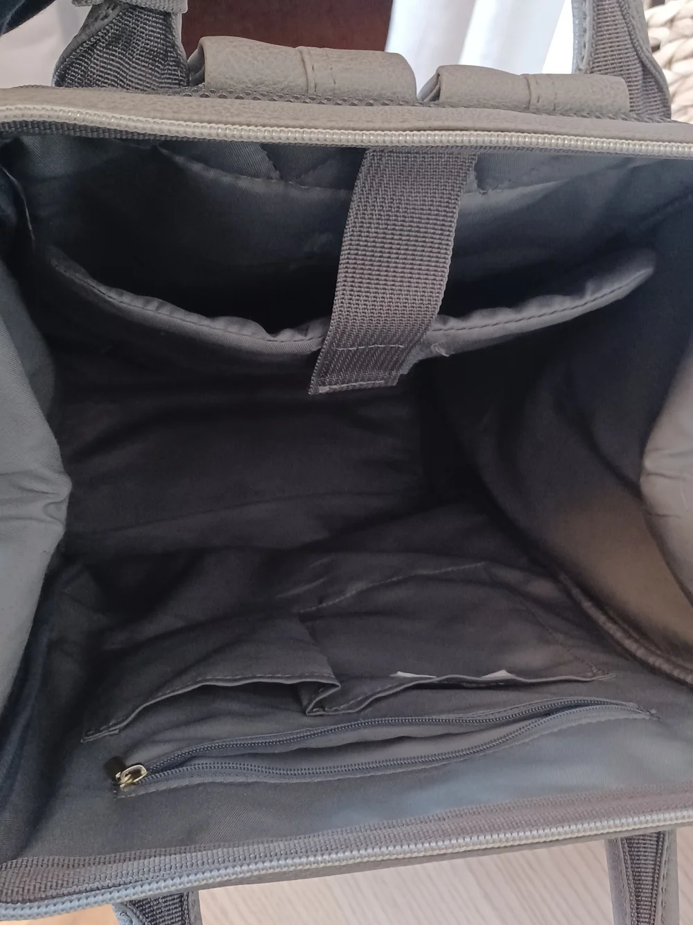 Gray Taupe Faux Leather Vegan Backpack with Front Zip Pocket - Picture 4 of 5